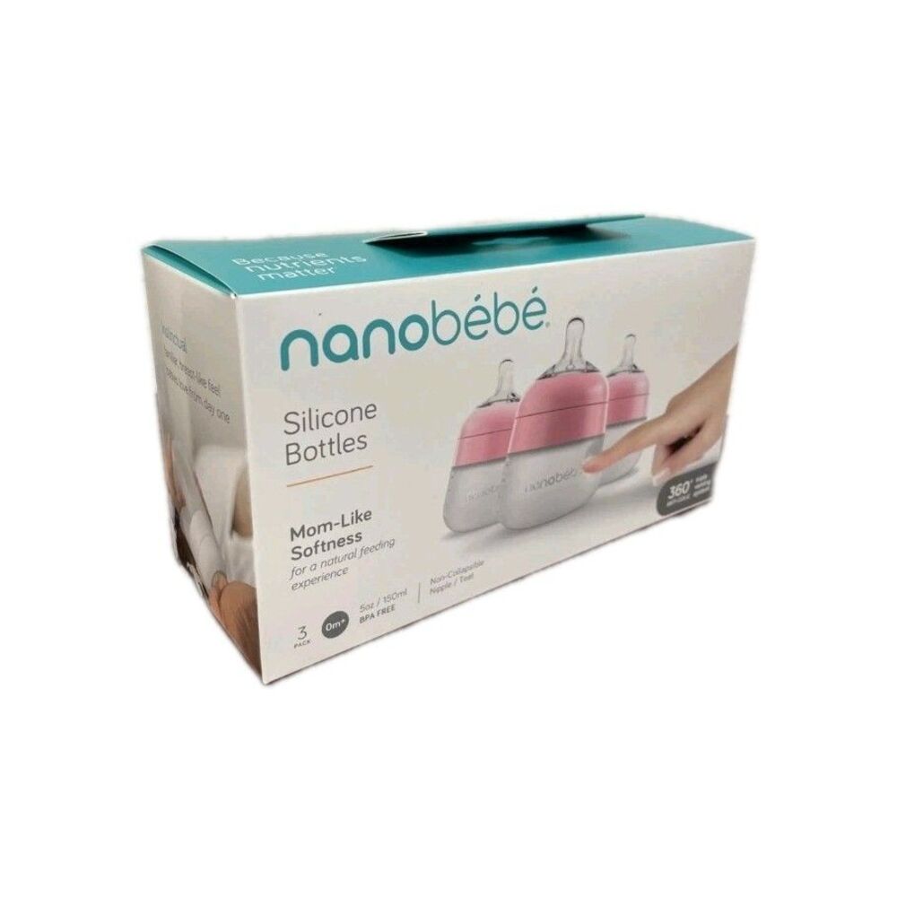 nanobebe Silicone Baby Bottle Set Of 3 - Pink - 5oz - Anti-Colic- Brand New !!